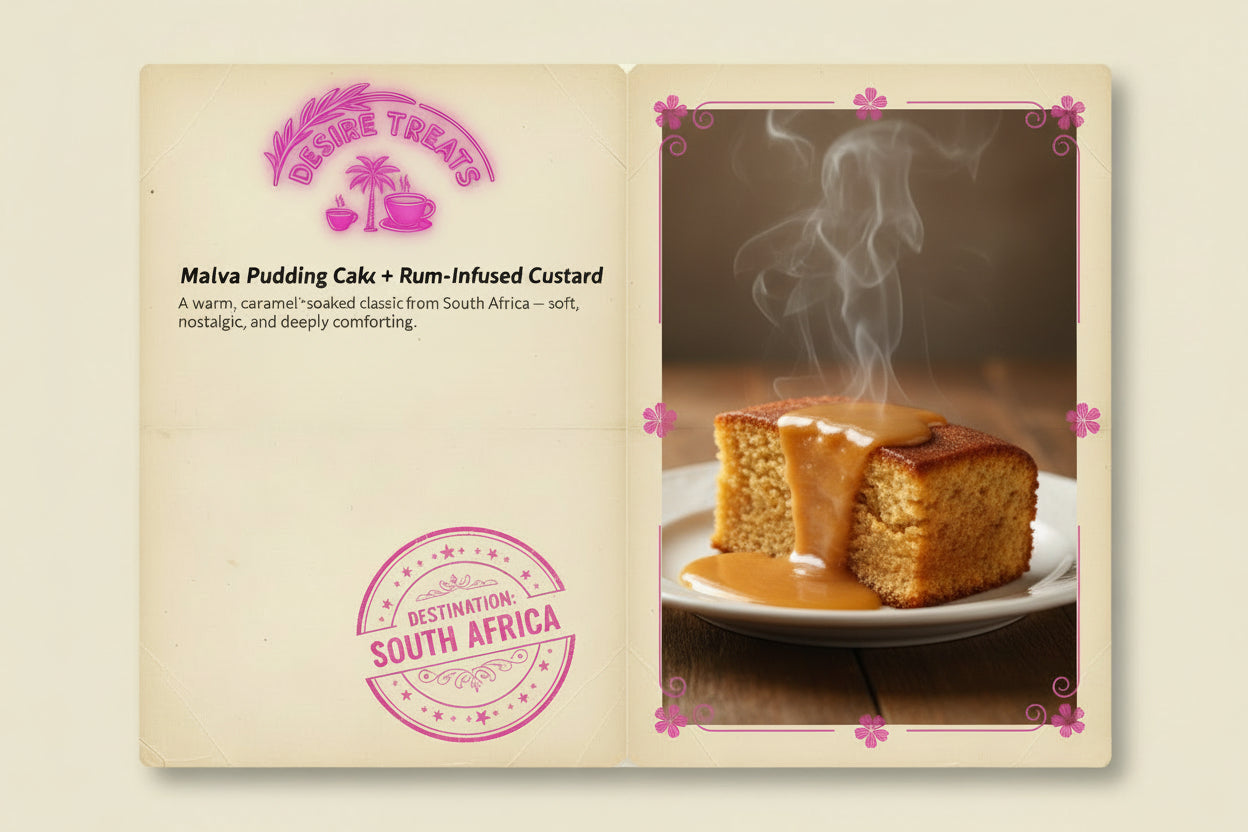 DESTINATION 1: SOUTH AFRICA
Stamp Page Title: DESTINATION: SOUTH AFRICA

Menu Item: Malva Pudding Cake Mix + Rum-Infused Custard

Description: A warm, caramel-soaked classic from South Africa — soft, nostalgic, and deeply comforting.

Stamp Space: [Large circular area for stamp]